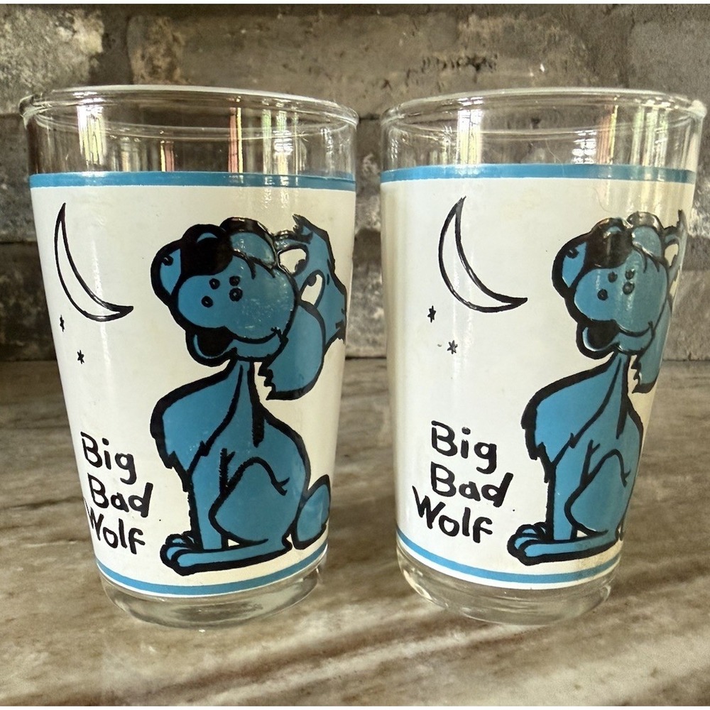 Vintage Swanky Swig Style Child Juice/Milk Glasses Big Bad Wolf Set Of 2